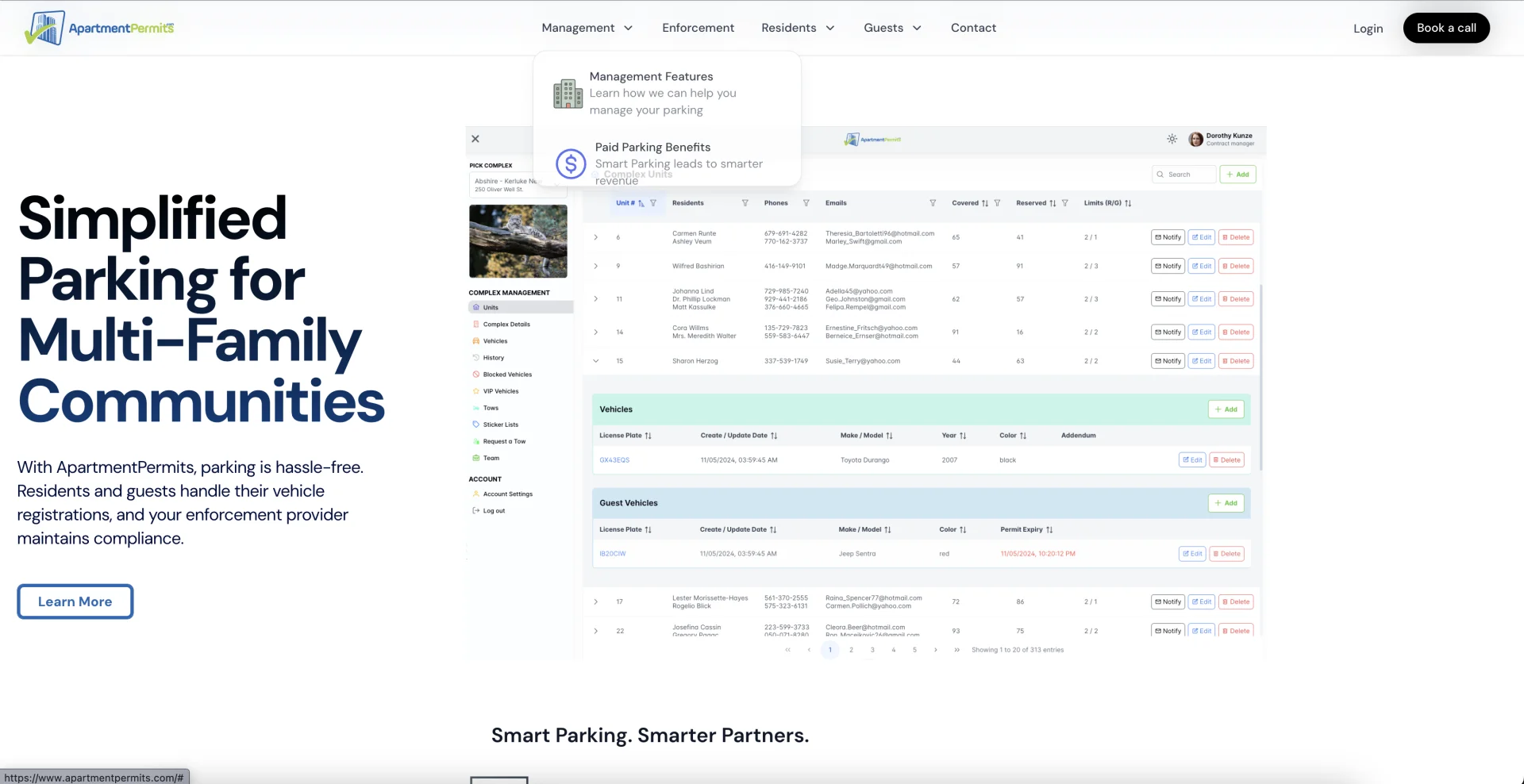 ApartmentPermits management dashboard - complex units, guest vehicles, and real-time parking status overview