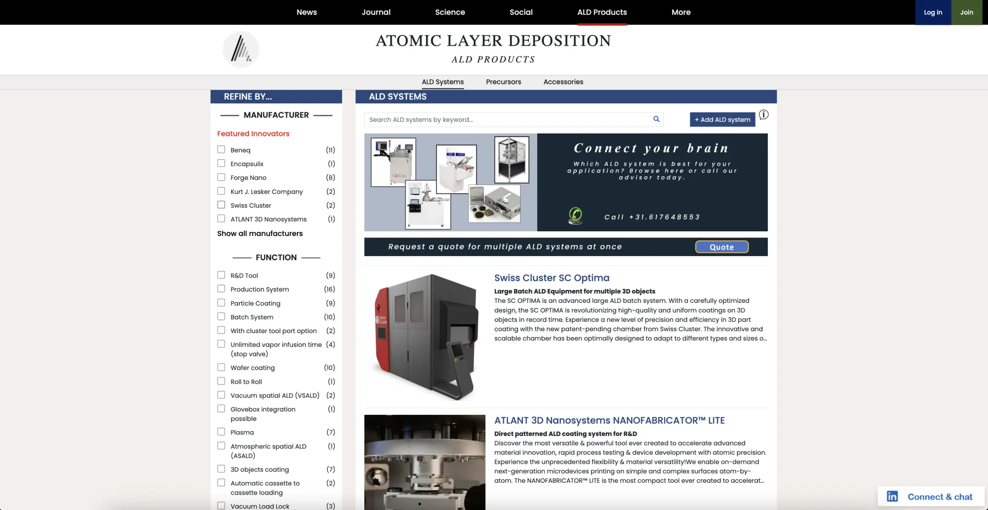 Atomic Layer Deposition - ALD products marketplace with manufacturer filtering, system search, and research equipment catalog