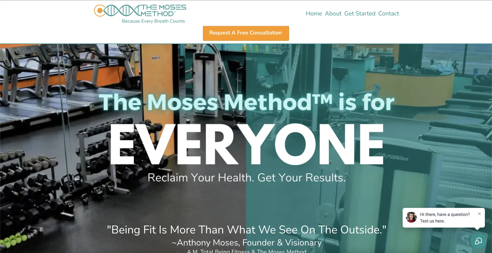 The Moses Method - fitness platform hero with gym interior, 'Reclaim Your Health. Get Your Results.'