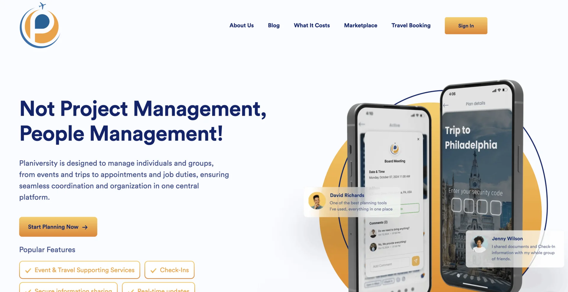 Planiversity - people and travel management platform with mobile app showing trip planning and check-in features