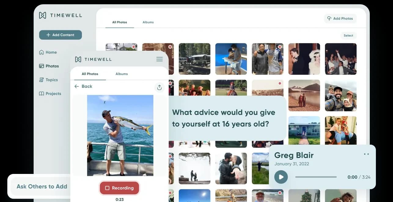 TimeWell - digital storytelling platform with photo albums, voice recording, and multimedia timelines on desktop and mobile