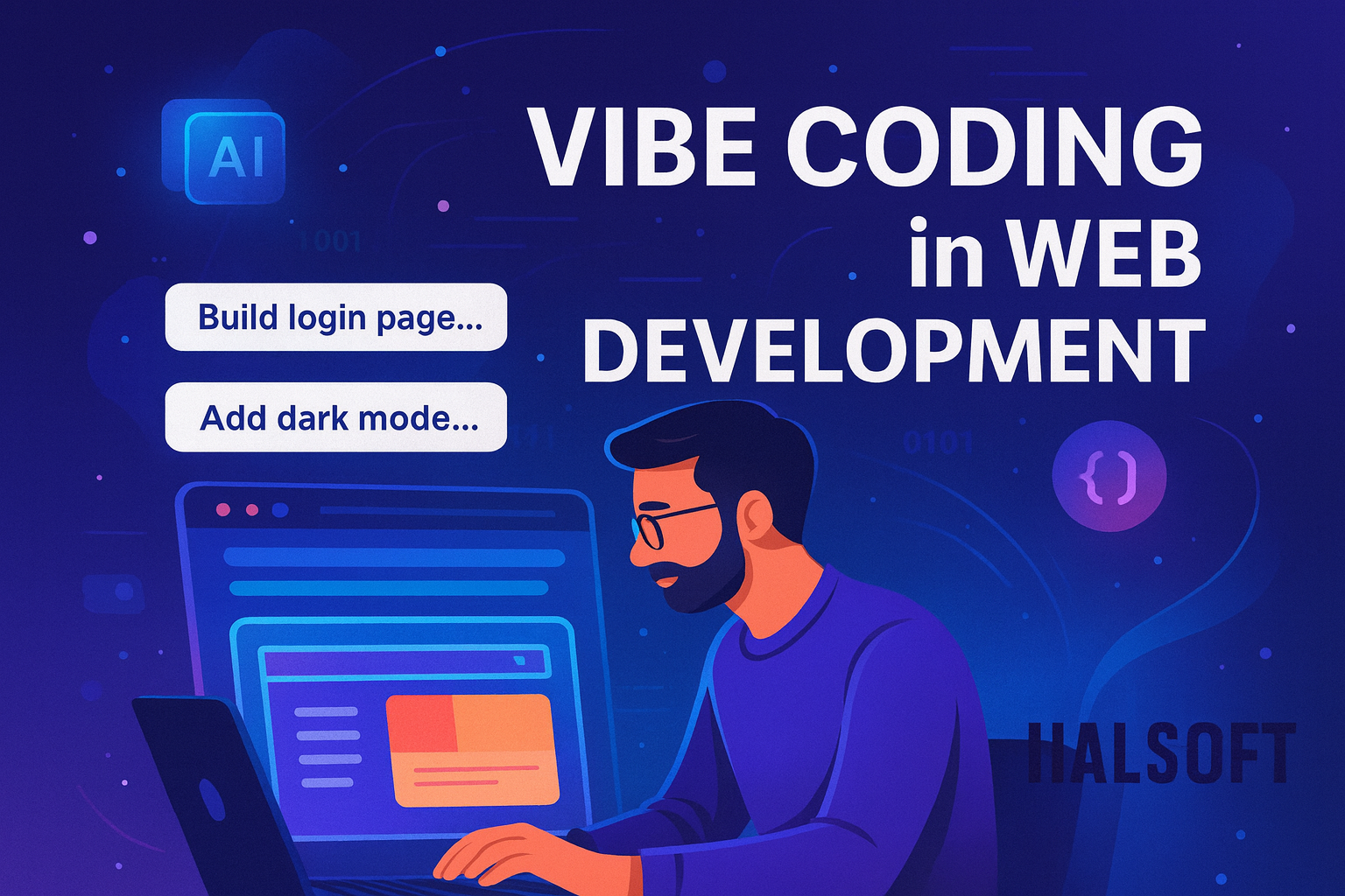 Illustration of a web developer using AI-assisted vibe coding in web development. A laptop screen shows prompts like 'Build login page' and 'Add dark mode' turning into website layouts. Futuristic blue and purple tones with HalSoft logo watermark